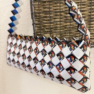 Y2K handmade woven purse made from recycled candy wrappers Woody Woodpecker